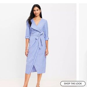 LOFT Blue and White Striped Long Sleeve Dress Twisted Midi NO BELT NWT size 12